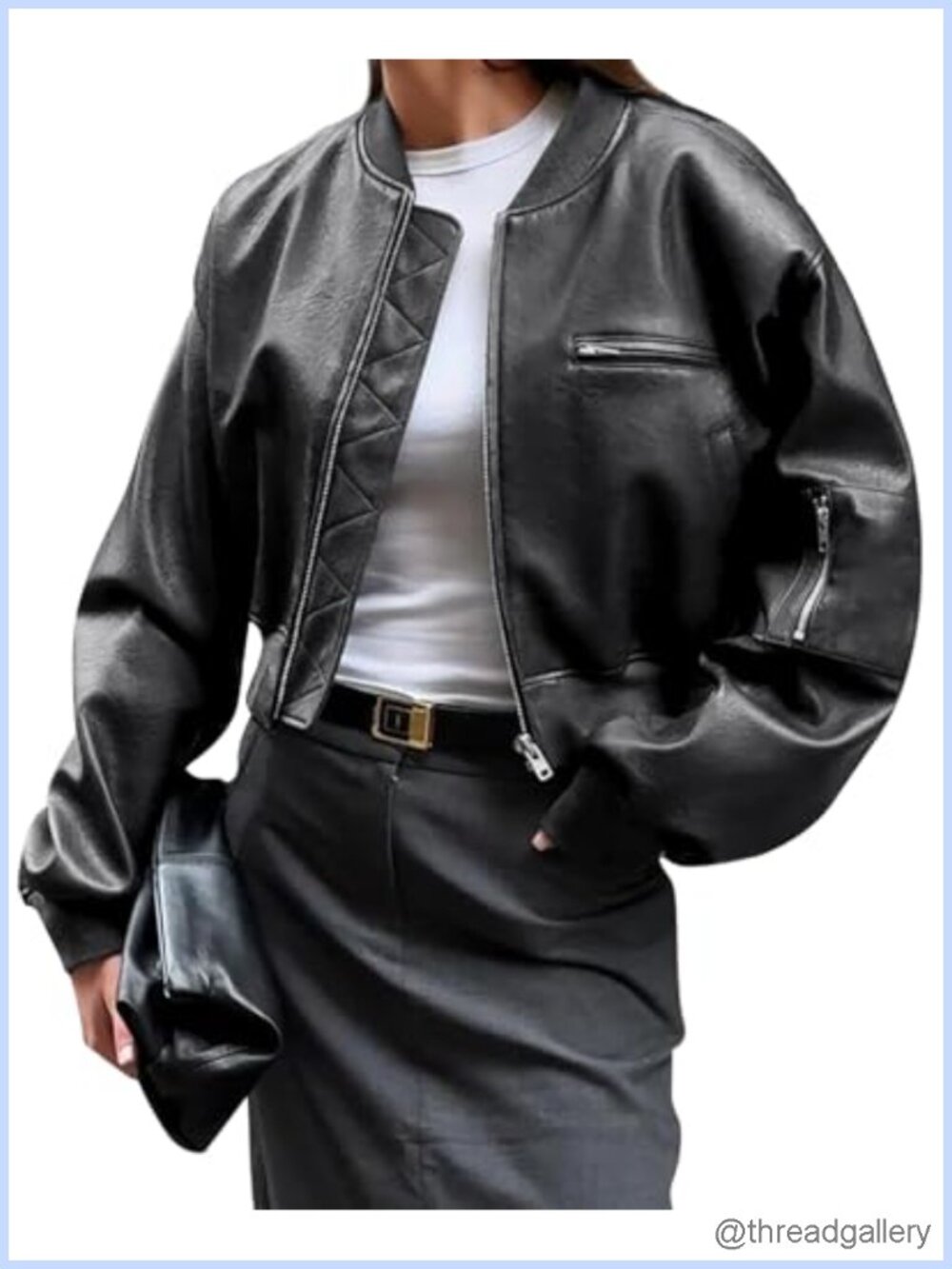Women's Faux Leather Bomber Jacket Cropped Biker Coat with Pockets